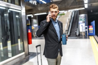 Businessman waiting for subway, talking on phone and holding reusable coffee cup, in a subway