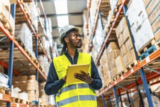 African warehouse supervisor using tablet while working tracking packages and doing inventory