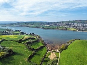 Farms and Fields over River Teign from a drone, Teignmouth, Shaldon, Devon, England, United