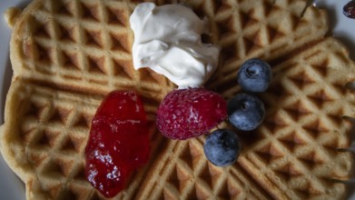 Waffle with raspberry, blueberries, strawberry jam and cream, Kongsvoll or Kongsvold Fjeldstue,