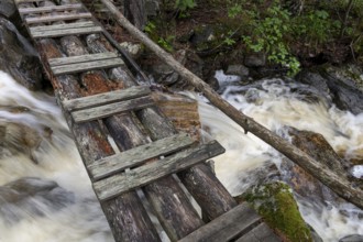 Wooden bridge over a stream, near Kvam, Gudbrandsdalen, Norway, Europe