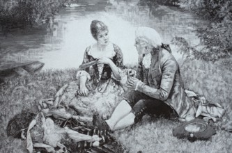 Young couple sitting at a picnic by a river, summer, outdoors, posh people around 1890, France,