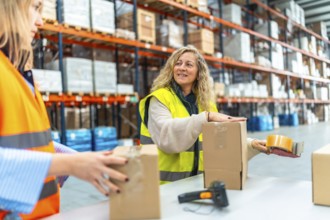 Women preparing goods to deliver in a distribution warehouse closing them with tape