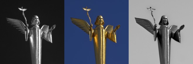 The Golden Angel by Fritz Bartsch-Hofer on the roof of the Engel pharmacy in Giessen, graphic