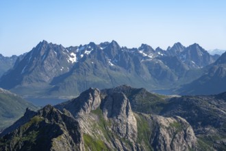 Mountain landscape, view of mountain peaks at the summit of Rundfjellet, Svolvaer, Nordland,