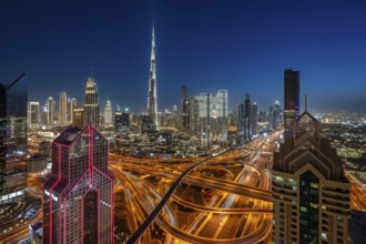 Dubai skyline at night, Burj Khalifa tallest building in the world, United Arab Emirates, Asia