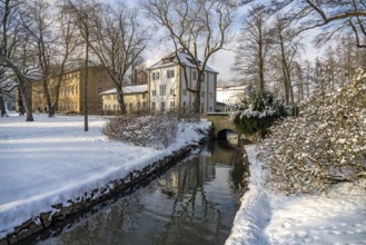 The snow-covered Gräflicher Park in Bad Driburg in winter, North Rhine-Westphalia, Germany, Europe