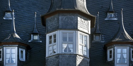 The historic Kaiserworth guildhall, late Gothic building on the market square, detail of gabled