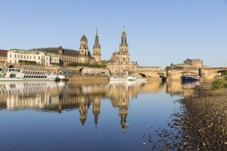 City view with paddle steamer and reflection in the river Elbe, Brühl's Terrace with secondary
