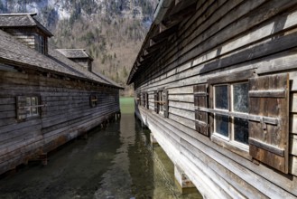 Wooden boathouses at Königssee, Schönau am Königssee, Berchtesgadener Land, Upper Bavaria, Bavaria,