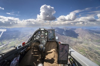 Cockpit, glider, instruments, weather, cumulus, flying, aviation, sport, leisure, aerial view,