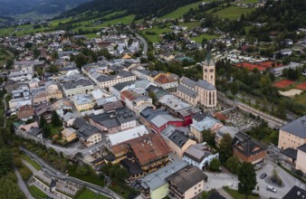 Drone shot, view of town with parish church, Radstadt, Pongau, Salzburg province, Austria, Europe