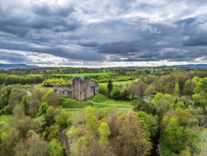 Doune Castle from a drone, Doune, Stirling, Scotland, England, United Kingdom, Europe