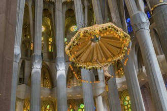 Interior view of the Familia Sagrada by the architect Antonio Gaudi in Barcelona, Spain, Europe