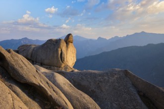View of stones and rock formations from Ulsanbawi rock peak on sunset. Seoraksan National Park,