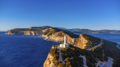 Aerial view of the Lighthouse or Cabo Ducato Lefkas in the southern area of the island of Lefkada.