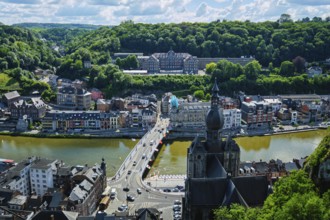 Aerial view of Dinant town, Collegiate Church of Notre Dame de Dinant, River Meuse and Pont Charles