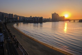 Gwangalli Beach in Busan on sunrise, South Korea. Aerial view