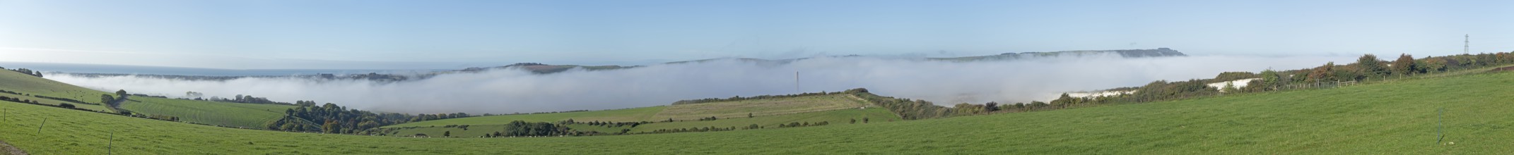 High fog over valley of River Adur, Shoreham by Sea, panoramic view, Photomerge, South Downs, West