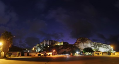 Panorama at the harbour of Tropea with the old town of Tropea at night, Tropea, Vibo Valentia,