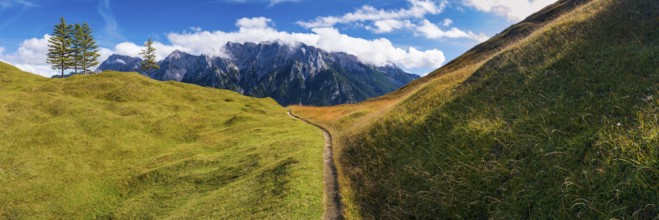 Panorama from Hoher Kranzberg, 1397m onto the cloudy Karwendel Mountains, Werdenfelser Land, Upper