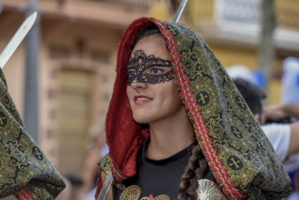 Woman in historic clothes, Moors and Christian Parade, Moros y Cristianos, Jijona or Xixona,
