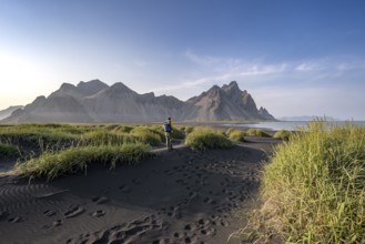 Tourist on a sand dune, Black beach with volcanic sand, Sand beach, Dunes with grass, Stokksnes