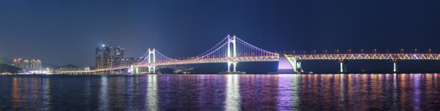 Panorama of Gwangan Bridge and skyscrapers illuminated in the night. Busan, South Korea, Asia