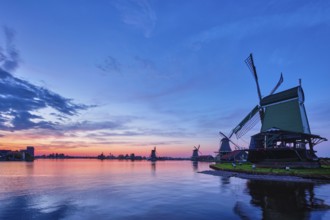 Netherlands rural scene, windmills at famous tourist site Zaanse Schans in Holland on sunset with