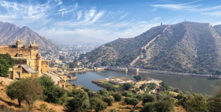 Indian travel famous tourist landmark, panorama view of Amer (Amber) fort and Maota lake,
