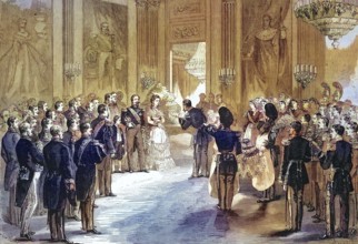 Stay of the Court in Compiegne, the Empress's Feast. The officers present the Empress with bouquets
