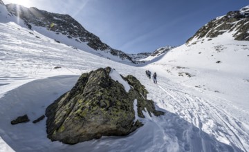 Ski tourers climbing the Sulzkogel, Kühtai, Stubai Alps, Tyrol, Austria, Europe