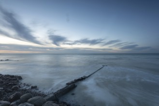 Dawn on Hovmarken Beach, Breakwater, Baltic Sea Island Mon, Denmark, Europe