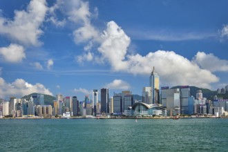 HONG KONG, CHINA, MAY 1, 2018: Hong Kong skyline cityscape downtown skyscrapers over Victoria