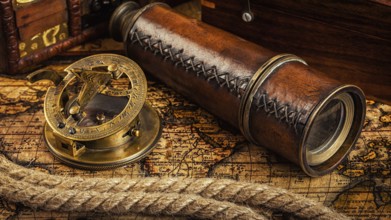 Travel geography navigation concept background, panorama of old vintage retro compass with sundial,