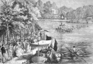 Competition of rowing clubs on the Bois de Boulogne lake in the west of Paris, 1869, France,