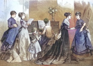 Distinguished woman in the fashion of the season, 1868, at the piano and singing, costumes and