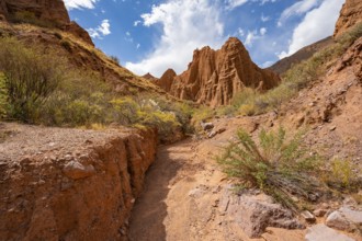 Eroded mountain landscape with sandstone cliffs, canyon with red and orange rock formations,