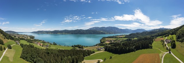 Drone shot, panorama shot, Nussdorf am Attersee with Höllengebirge, Salzkammergut, Upper Austria,