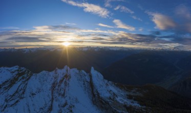 Aerial view of the sunset over the mountains of Val Pontirone in the canton of Ticino, Switzerland,