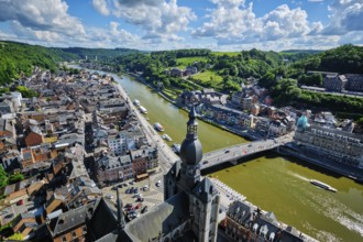 Aerial view of Dinant town, Collegiate Church of Notre Dame de Dinant, River Meuse and Pont Charles