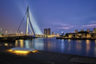 Erasmus Bridge (Erasmusbrug) and Rotterdam skyline illuminated at night. Rotterdam, Netherlands