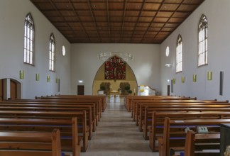 Pews, back choir room, Protestant St. Andrew's Church, sacred building, Eningen unter Achalm,