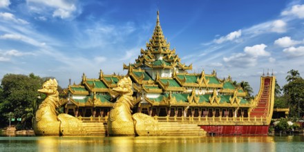 Panorama of Yangon icon landmark and tourist attraction: Karaweik, replica of a Burmese royal barge