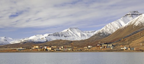 View over Pyramiden, abandoned Soviet coal mining settlement on Svalbard, Spitsbergen