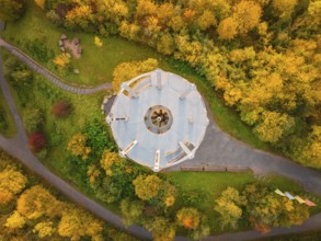 Aerial view of the Schönbuchturm in the autumn forest, Herrenberg, Germany, Europe