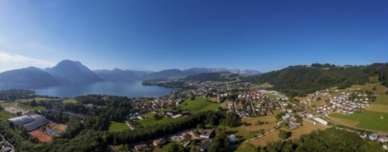 Drone shot, panorama shot, Altmünster am Lake Traun, Salzkammergut, Upper Austria, Austria, Europe