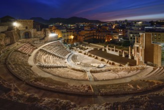 Teatro Romano, blue hour, Roman amphitheater, in the old town of Cartagena, Murcia region, Spain,