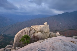 View of stone and rock formations from Ulsanbawi rock peak in stormy weather. Seoraksan National