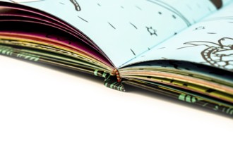 Detail of a hardcover book with the notebooks sewn with threads and glued on the spine, binding in